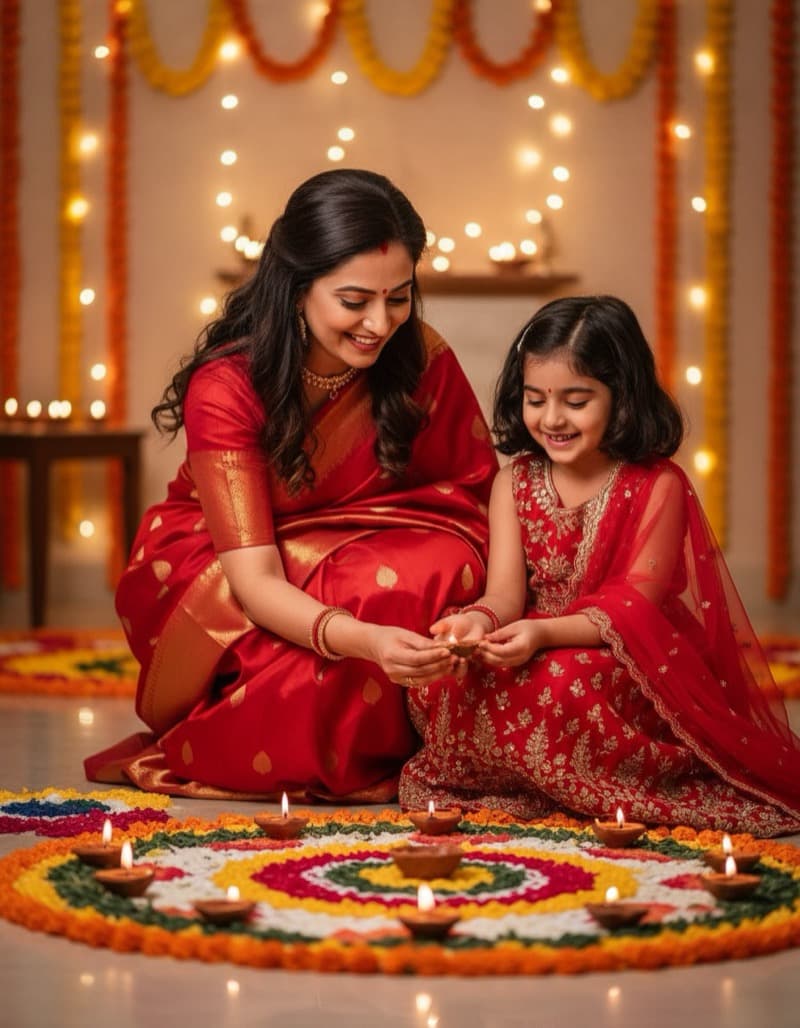 Indian girl celebrating Diwali in red outfit