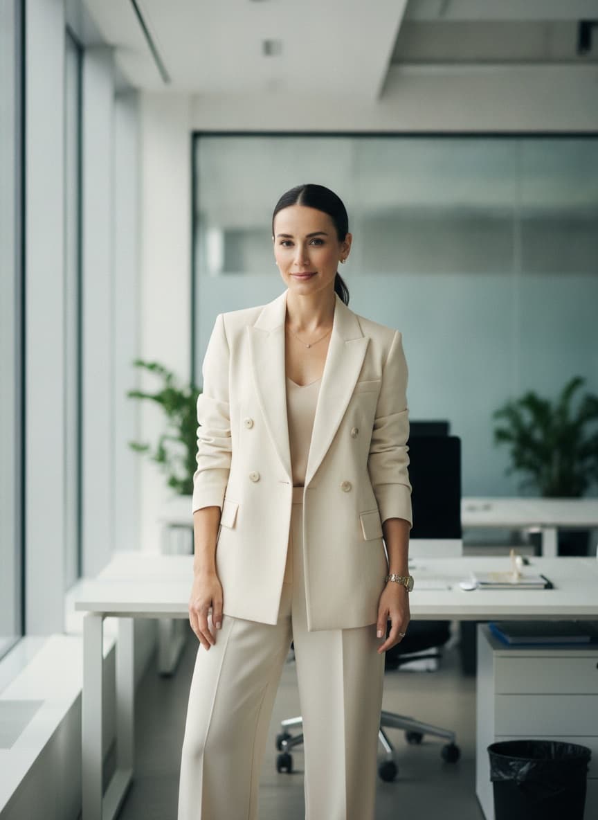 Confident professional woman in a tailored blazer commanding presence in a modern office