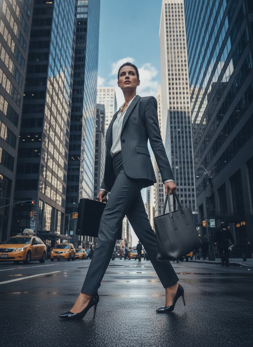 Stylish businesswoman in a power suit walking confidently through a city
