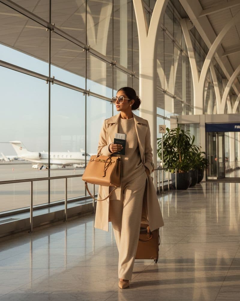 Woman at airport with perfectly packed stylish luggage