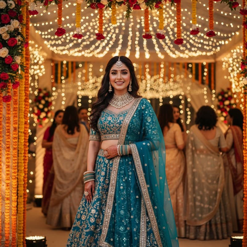 Stylish Indian woman in lehenga at a wedding
